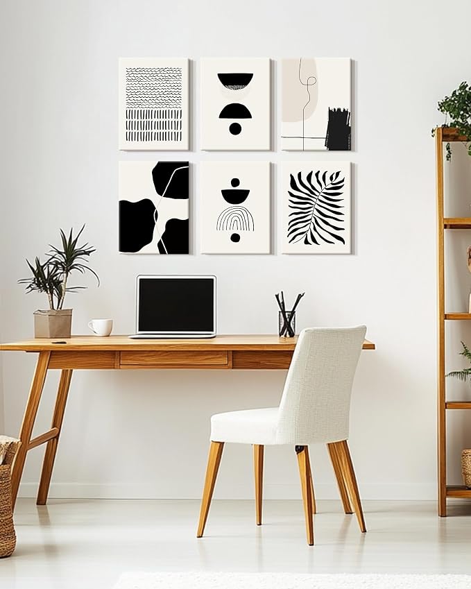 KUVIOKE Black Abstract Framed Wall Art Boho Room Decor Set of 6 Minimalist Geometric Line Art Bohemian Mid Century Modern Prints for Bedroom Living Room 12x16in (Framed)