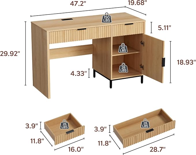 47" Executive Desk with Fluted Drawers, Wooden Home Office Desk with Storage Cabinet, Charging Station, Metal Legs Modern Farmhouse Computer Desk for Work, Study Natural Oak