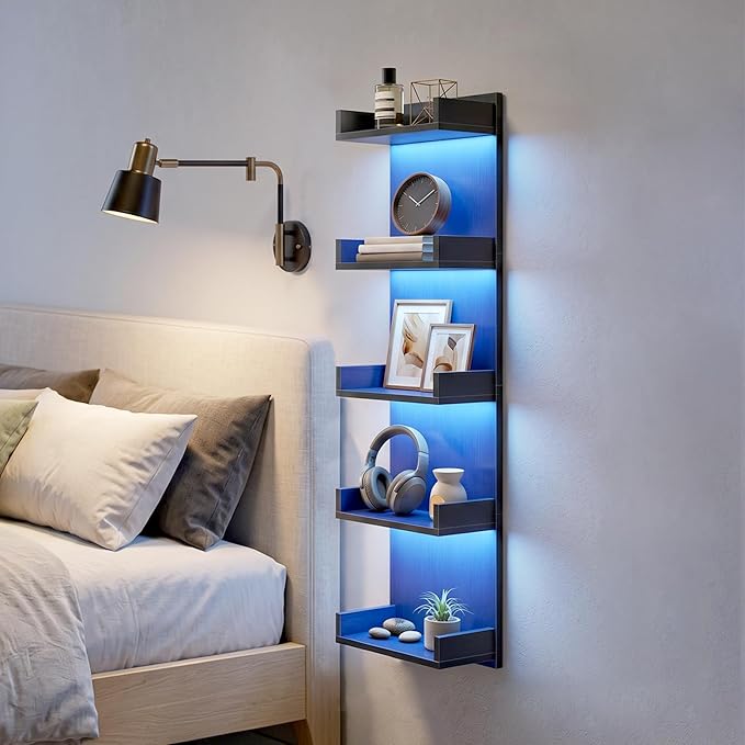 HOOBRO Floating Wall Shelf with LED Lights, Floating Shelf Wall Mounted for Storage, Vertical Display Stand, Modern Column Rack, for Bedroom, Livingroom, 5-Tier, 45.7 Inches, Black, BK51DBJ01N1
