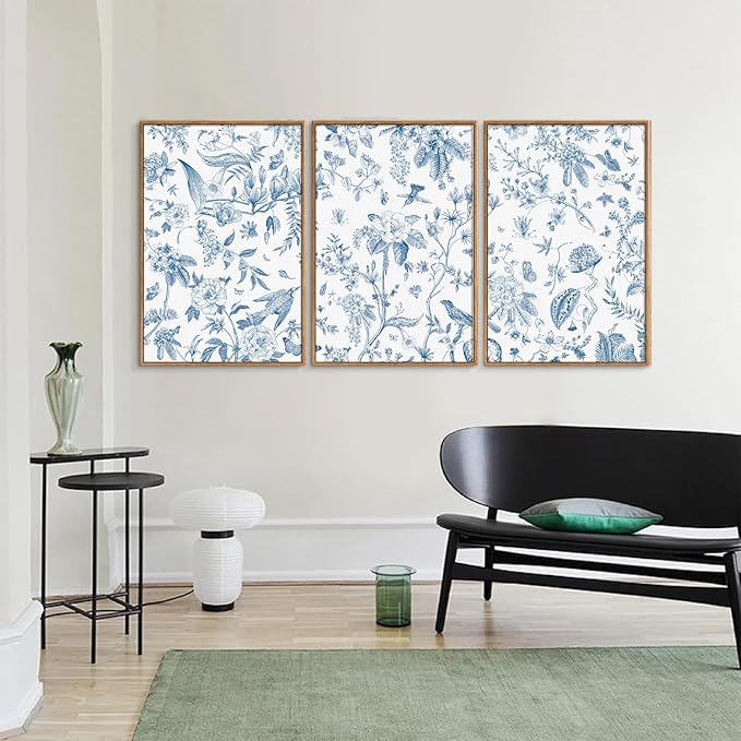 KaiWithYuan Large Navy Blue and White Floral Framed Canvas Wall Art, Classic Chinoiserie Peony Flower Wall Decor, Indigo Birds Art Paintings, Botanical Artwork for Living Room Bedroom Office 16"x24"x3