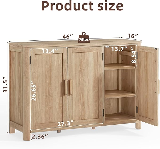 Sideboard Buffet Cabinet with Storage, 46" Arc-Shaped Credenza with 3 Doors & Adjustable Shelves, Mid Century Modern Coffee Bar Cabinet for Kitchen, Living Room, Entryway, Natural