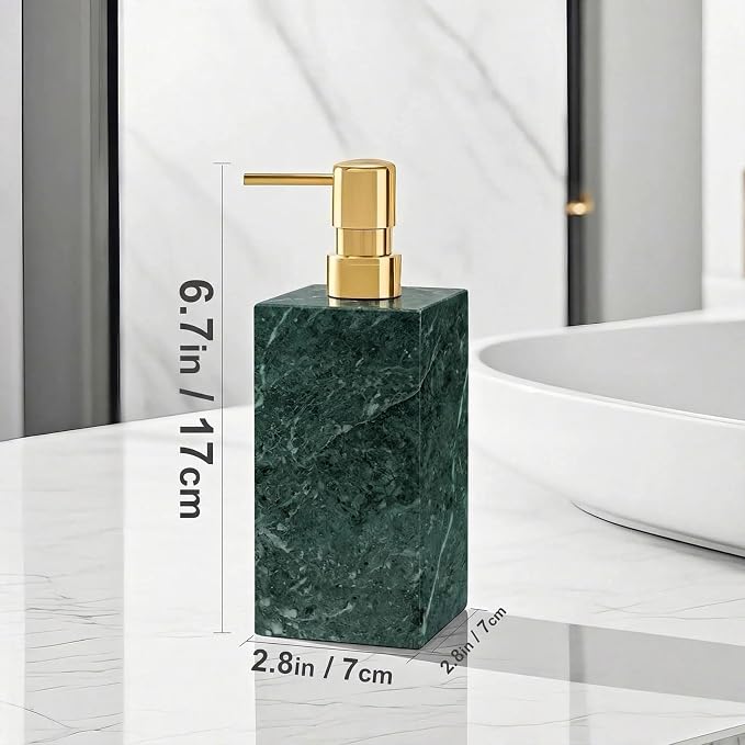 2 Set Real Natural Marble Soap Dispenser with Stainless Steel Pump – Decorative Liquid Hand Soap Bottle for Kitchen & Bathroom, Compatible with Lotion, Dish Soap & Shower Gel (Green)