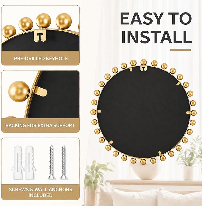 30 Inch Round Wall Mirror with Antique Gold Ball Frame, Beveled Decorative Round Accent Mirror, Vintage Gold Sunburst Style Mirror for Bedroom, Living Room, Entryway, Hallway & Wall Decor