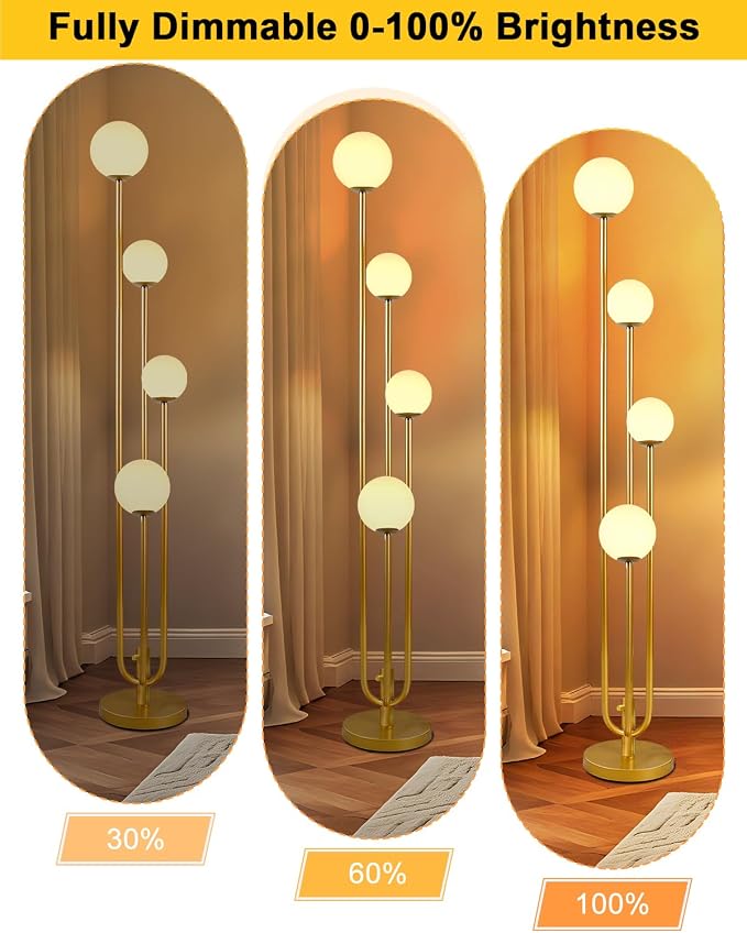 Lightdot Gold Globe Floor Lamp 4-Lights Dimmable Floor Lamps with 3000K Bulbs Included Unique Mid Century Modern Tall Standing Lamp with 5Lbs Heavy Base for Living Room/Bedroom/Sofa Beside