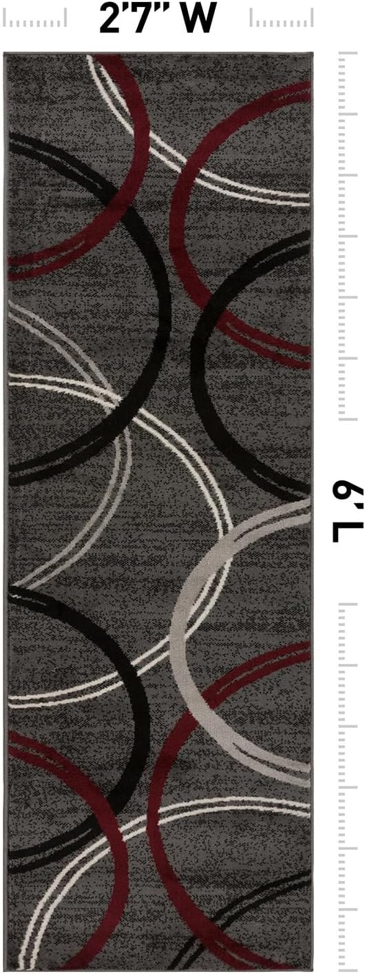 Rugshop Modern Wavy Circles Design Non-Shedding Runner Rug, Carpet for Hallway or Bathroom, Red, 2'7" x 6'