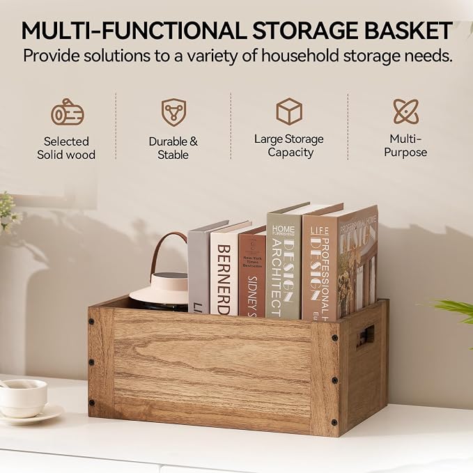 KIRIGEN Stackable Wood Storage Cube Organizer with Handle, Modular Open Cubby Bins for Books, Clothes, Toys, Shoes, Bookcase Shelf for Home Office Bedroom Brown C15-DBR