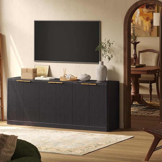 Evermagin 67" Fluted Black Buffet Cabinet Sideboard with Storage, Large Credenza with 6 Doors, Wood Mid Century Modern Sideboard for Kitchen and Living Room (67"*31.5"*15.7")