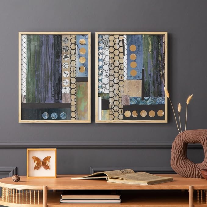 Renditions Gallery Set of 2 Peel & Stick Framed Prints, Geometric Abstract Wall Art, Hexagonal and Circular Pattern Wall Decor, Re-Stickable - Ready to Hang - 22"x28" - NATURAL WOOD Frame LT588