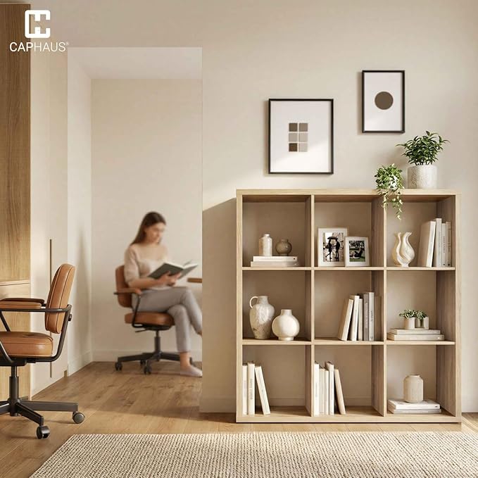 CAPHAUS Sturdy Room 13-Inch Cube Storage Organizer Shelf, with Extra Thick Exterior Edge, Open Storage Shelf Divider, Bookcase, 9-Cube, Natural Oak