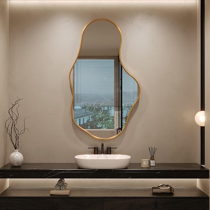 Irregular Wall Mirror - Gold Wall Mirrors Decorative 24"x 40" Wavy Asymmetrical Abstract Mirror Aviation Aluminum Alloy Frame Unique for Vanity, Entryway, Bathroom, Bedroom, Living Room, Cloakroom