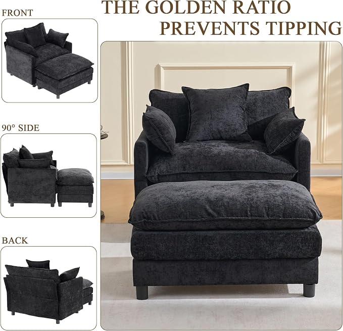 Oversized Accent Chair with Ottoman, Chenille Cloud Single Sofa Upholstered Double-Layer Seat Lounge Armchair with Pillows for Living Room Reading Apartment, Black