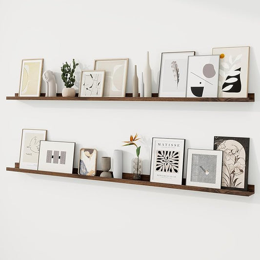 RICHFOCUS Picture Ledge Shelf, 72 inch Floating Shelves Set of 2, Wood Wall Shelves with Lip, Wall Decor Storage for Bedroom Living Room Bathroom Kitchen Nursery Photo Picture, Walnut
