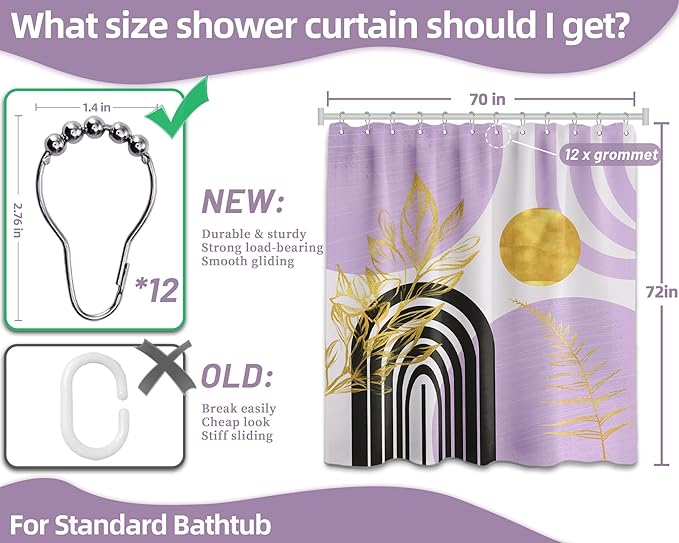 Mid Century Modern Black and Purple Shower Curtain Boho Lavender Light Purple and Gold Shower Curtains for Girls Bathroom Decor Sets, Waterproof Cloth Fabric with Hooks, 70x72in