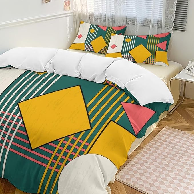 Colorful Aesthetic Comforter Cover Geometry Bed Set, Retro Atomic Duvet Cover，Modern Mid Century Bedding Sets，Aesthetic Abstract Art Bedding 3 Piece (1 Duvet Cover 102"x90" + 2 Pillow Sham 20"x30")