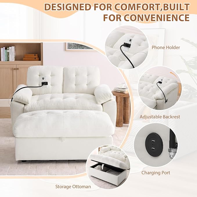 Oversized Chaise Lounge Chair Indoor, Double Convertible Recliner Reading Arm Sofa Chair W/Adjustable Backrest & Charging Port Couch Bed for Living Room, Home Theater & Bedroom, Beige
