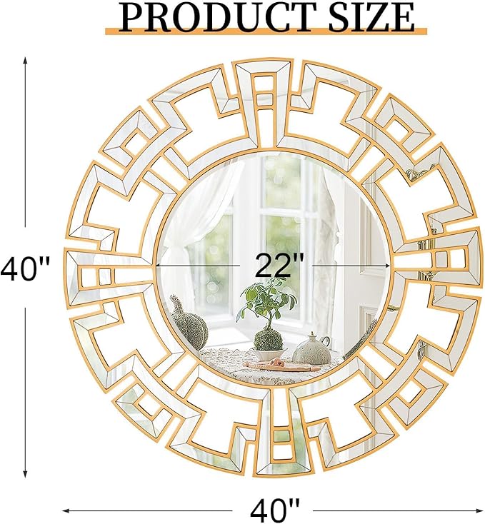 Chende Large Round Mirror, 40'' Modern Living Room Mirrorr with Beveled Glass Edge, Gold Decorative Wall Mirror with Wooden Frame for Dining Room, Entryway, Mantel, Bathroom