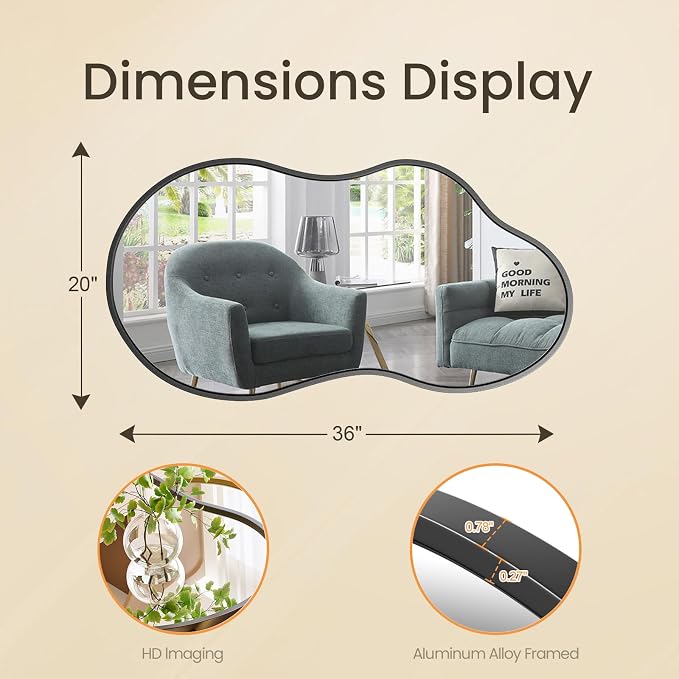 20”x 36” Irregular Wall Mirror, Asymmetrical Bathroom Vanity Mirror, Unique Shape Metal Framed Black Mirrors, Decorative Mirrors for Bedroom Living Room Entryway Wall-Mounted