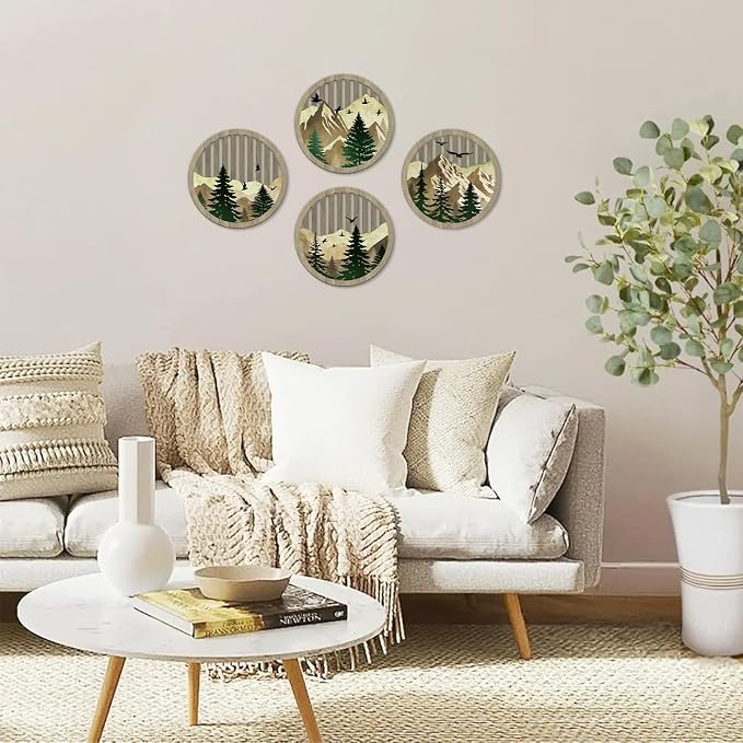 TOARTi 4Pcs Boho Mountain Wooden Wall Art Abstract Sun Moon Pine Tree Wall Decor Farmhouse Natural Mountain Landscape Artwork Minimalist Geometric Forest Hanging Sign for Living Room Bedroom Office