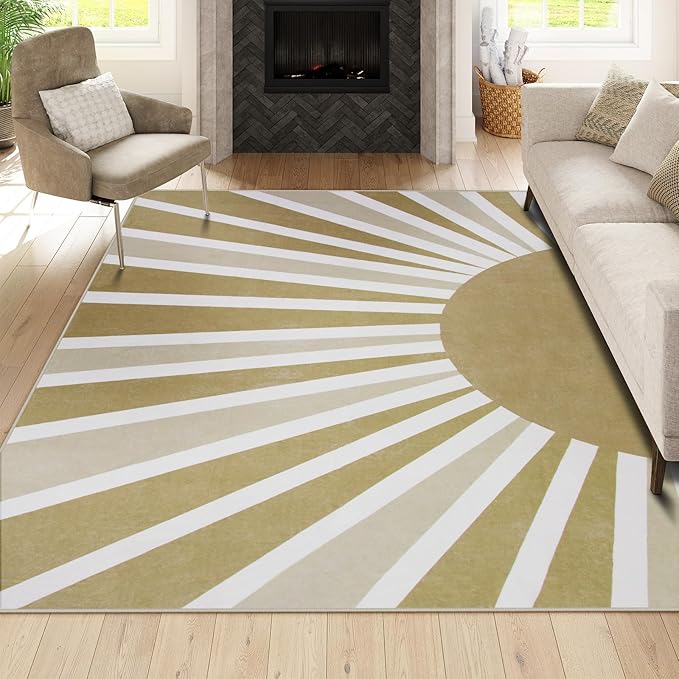 Lahome Machine Washable Rugs 8'x10' - Non-Slip Ultra-Thin Living Room Rug 8x10, Boho Rainbow Sun Print Indoor Soft Carpet for Dining Room Table Office (8'x10', Khaki)