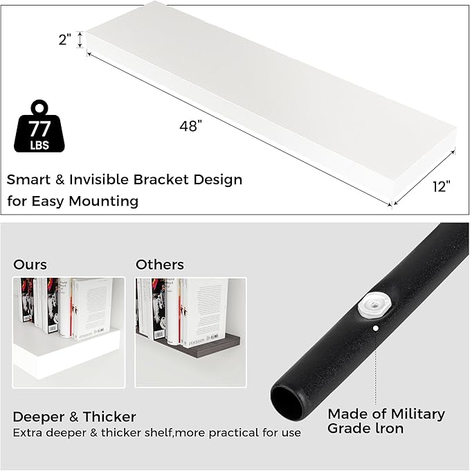 Floating Shelves for Wall, 48" W x 12" D x 2" H, 2 Pack of Long Wall Mounted Engineered Wood Shelves with Invisible Brackets for Living Room, Bedroom, Bathroom, Kitchen Decor, White