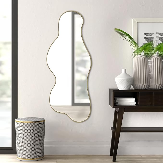 POZINO Irregular Wall Mirror, 39.3"x16" Asymmetrical Mirrors, Cloud Shaped Mirror, Gold Modern Abstract Mirrors for Bathroom Living Room Bedroom Entryway Hallway