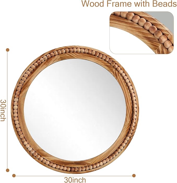 ULIKE Round Wood Mirror with Natural Wooden Bead Frame, 30 Inch Rustic Farmhouse Wall Mirror for Bathroom Nursery Bedroom Living Room Brown, Brown