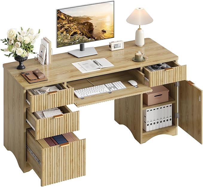 Bestier 63 Inch Home Office Desk with Drawers, Fluted Executive Desk with Ample File Drawer, Keyboard Tray & Storage Cabinet for Study, Living Room, Bedroom, Natural Oak