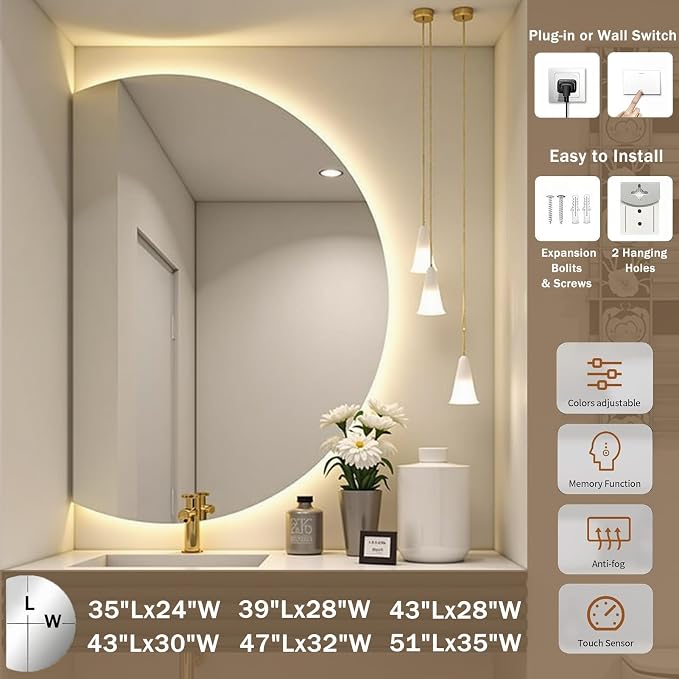Modern Smart Anti-Fog Bathroom Mirror with Lights, Half Moon LED Wall Mirror, 3 Colors Dimmable Makeup Vanity Mirror, Large Frameless Decorative Mirror for Living Room(Left Cut,47"x32")