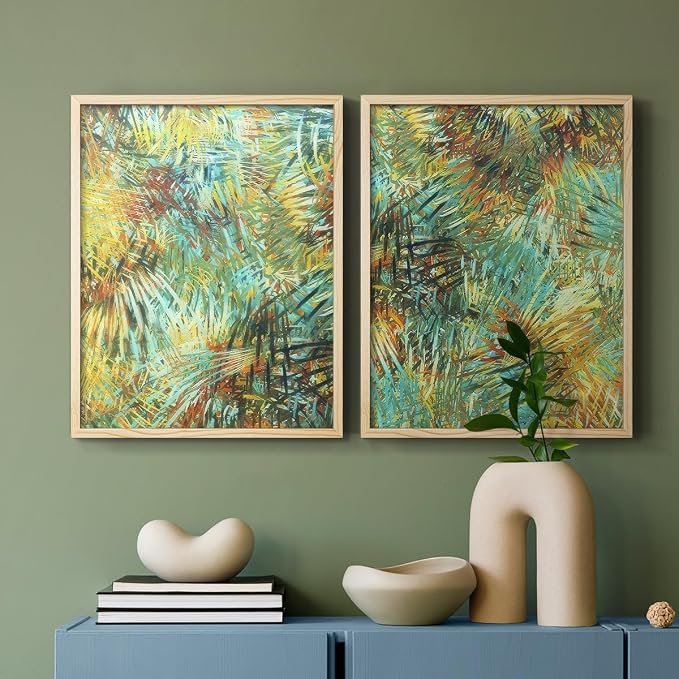 Renditions Gallery Set of 2 Peel & Stick Framed Prints, Nature Abstract Wall Art, Green Leafy Design Wall Decor, Re-Stickable - Ready to Hang - 11"x14" - NATURAL WOOD Frame LT588