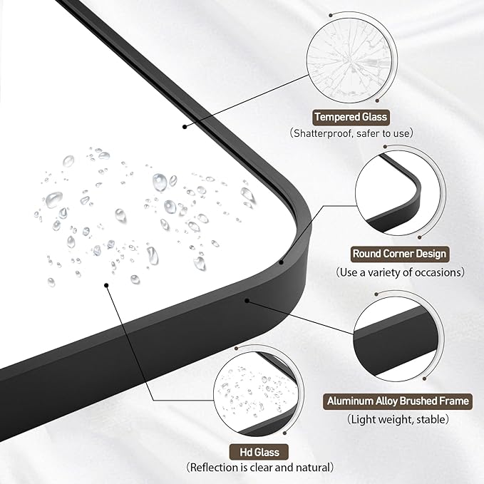 Black Bathroom Mirror, 22x30 Inch Matte Black Mirror, Aluminum Alloy Framed Vanity Mirror, Rounded Rectangle Mirror for Over Sink, Anti-Rust Wall Mirror (Horizontally or Vertically)