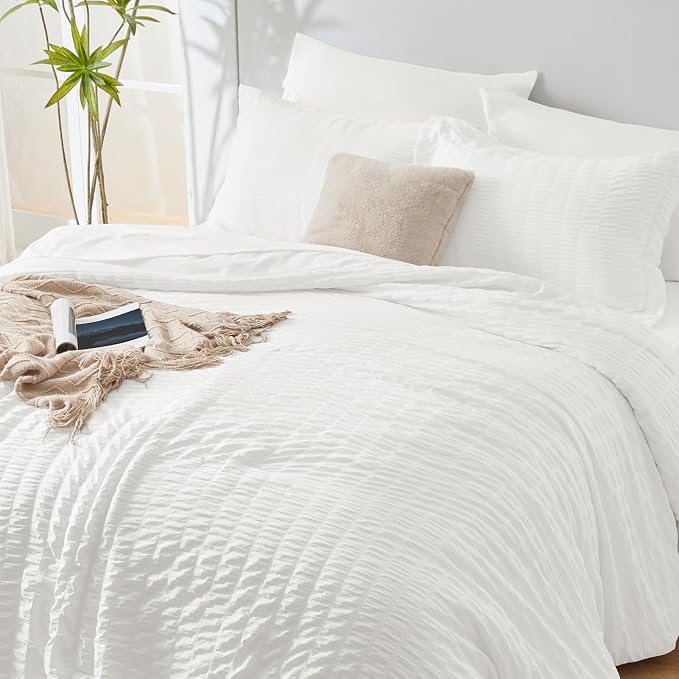 CozyLux King Size Comforter Set White, 7 Pieces Seersucker Textured Luxury Bed in a Bag, All Seasons Soft Bedding Sets with Down Alternative Comforter, Sheets, Pillowcases & Shams, Home Gift