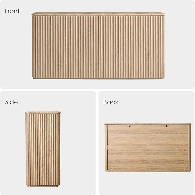 Fluted 4 Doors Sideboard Cabinet with Storage, 64" Wooden Credenza with Shelves, Faux Marble-Top Coffee Bar Console Table, Modern Buffet Cabinet for Dining, Kitchen, Living Room, Entryway, Natural Oak