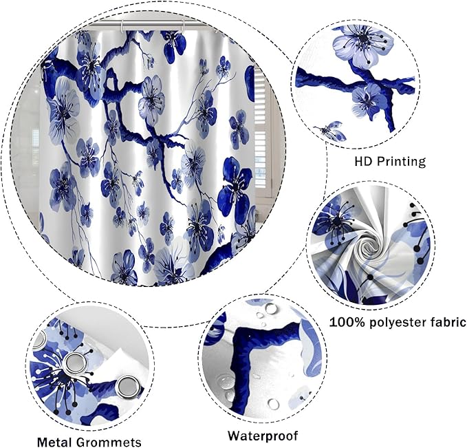 Plum Blossom Shower Curtain Watercolor Blue Floral Modern Art Painting Shower Curtains for Bathroom Accessories Waterproof Polyester Fabric with Hooks, 65 x 72 Inch