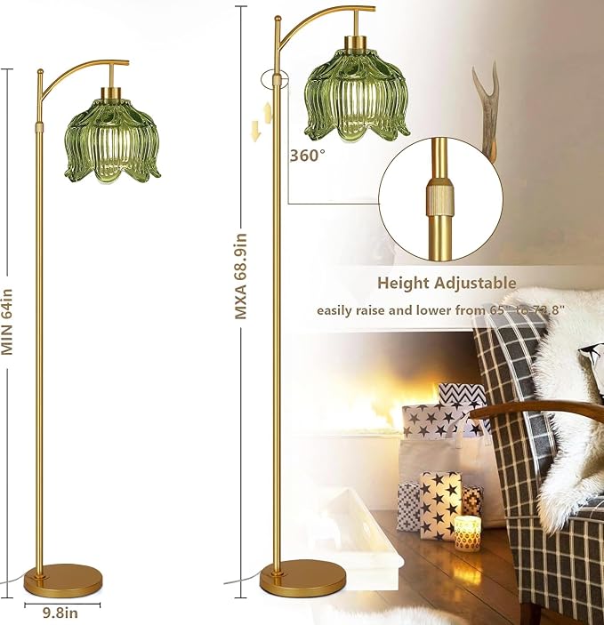 QIYIZM Green Floor Lamp for Living Room,Bedroom,Gold Dimmable Standing Lamp with Remote,Mid Century Modern Brass Tall Lamp Boho Floor Lamps Arc Vintage Glass Flower Floor Light Lamp Girls Bohemian