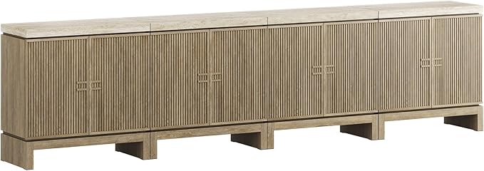 BELLEZE Set of 4 Anton 2 Door Sideboard Buffet Cabinet with Travertine-Look Top, Fluted Reeded Doors, Adjustable Shelf Storage Credenza for Dining Room Living Room Entryway, Travertine Greige