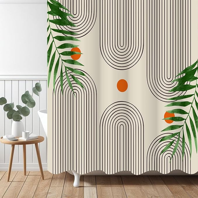 Boho Mid Century Modern Shower Curtain, Abstract Arch Leaf Minimalist Sun Beige Machine Washable Waterproof Fabric for Bathroom Decor Bathtub with Hooks 72Wx84H