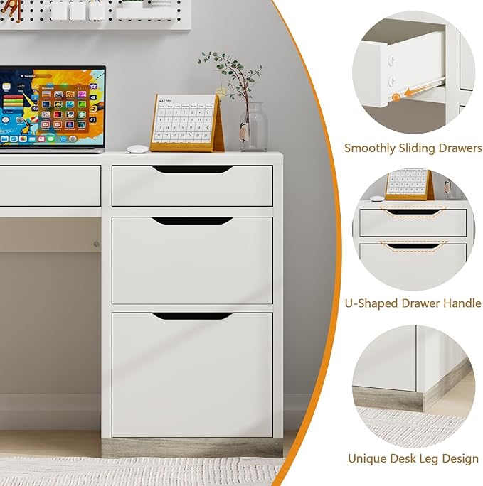 MaverickFurni 52 Inch White Desk with 4 Drawers, Computer Desk with Storage for Small Spaces with Storage File Drawer, Small Home Office Desk with Drawers for Bedroom