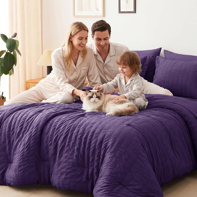 CozyLux Full Size Comforter Sets Purple, 7 Pieces Seersucker Textured Luxury Bed in a Bag, All Seasons Soft Bedding Sets with Down Alternative Comforter, Sheets, Pillowcases & Shams, Home Gift
