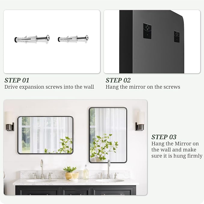 Bathroom Mirror 30x22 Inch Black Metal Frame Rectangle Vanity Mirror with Rounded Corners, Modern Wall Mounted Anti-Rust Mirror for Farmhouse, Restroom, Entryway, Horizontal or Vertical Hanging