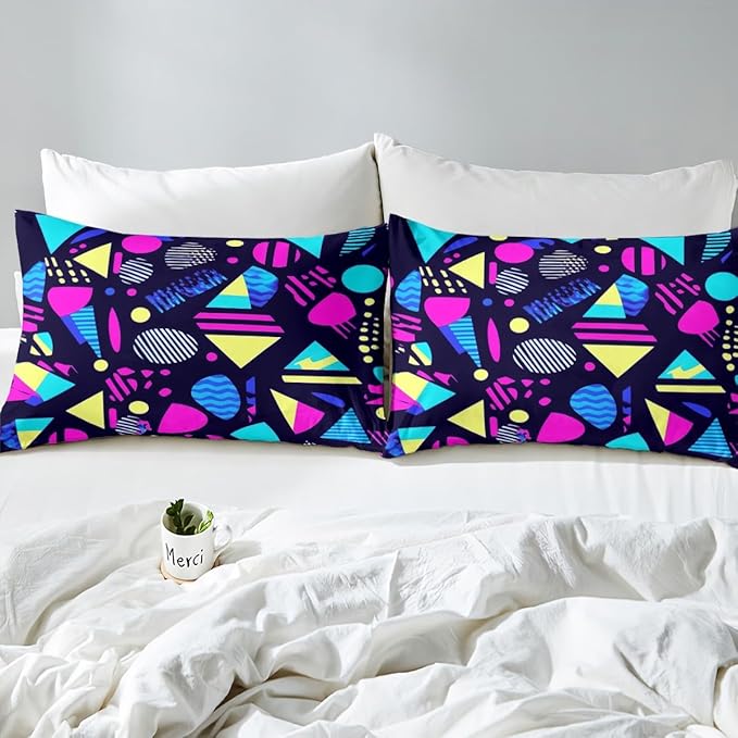 80s 90S Fashion Style Bedding Set Queen Size,Retro Memphis Style Pattern with Geometrical Shapes Duvet Cover for Kids Child,Funky Hipster Old Fashioned Comforter Cover Triangle Geometric Decor