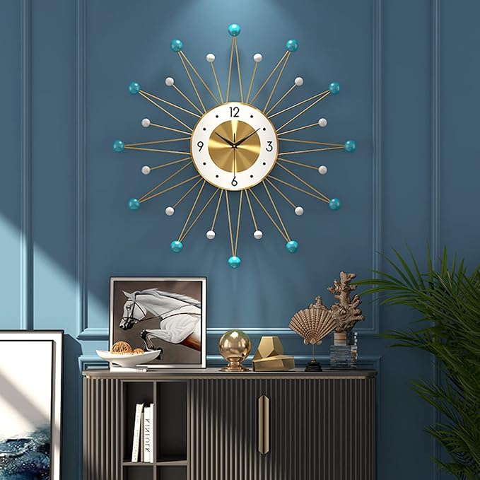 Modern Sunburst Wall Clock,Mid Century Large Metal Vintage Wall Clock for Living Room Decor,Silent Non Ticking Battery Operated,Blue,22"