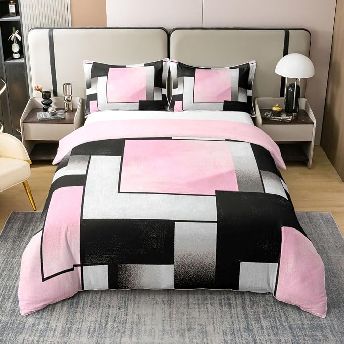 Erosebridal Pink and Black Bedding Set Full Modern Square Geometric 100% Cotton Duvet Cover Mid Century Minimalist Abstract Comforter Cover for Kids Teens Adults Contemporary Stripes Bed Set 3 Pcs