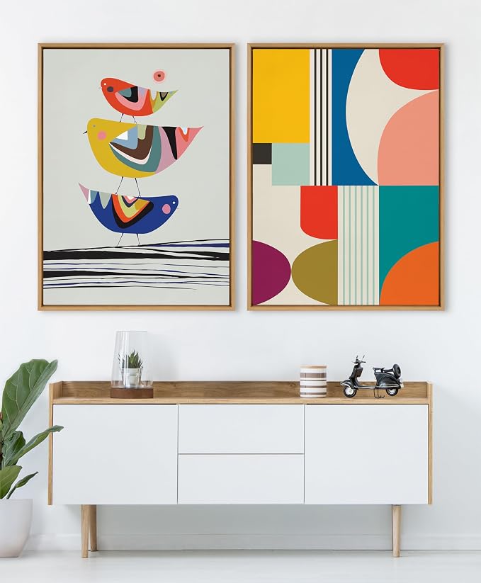 Kate and Laurel Sylvie Mid Century Modern Pattern Framed Canvas Wall Art by Rachel Lee of My Dream Wall, 31.5x41.5 Natural, Colorful Abstract Art for Home Wall Decor