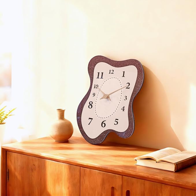 Mid Century Retro Irregular Shape Wall Clock, Silent Non-Ticking Battery Operated, 14 x 10 Inch Vintage Boho Brown Art Clock for Living Room, Bedroom, Entryway, Mantel Decor