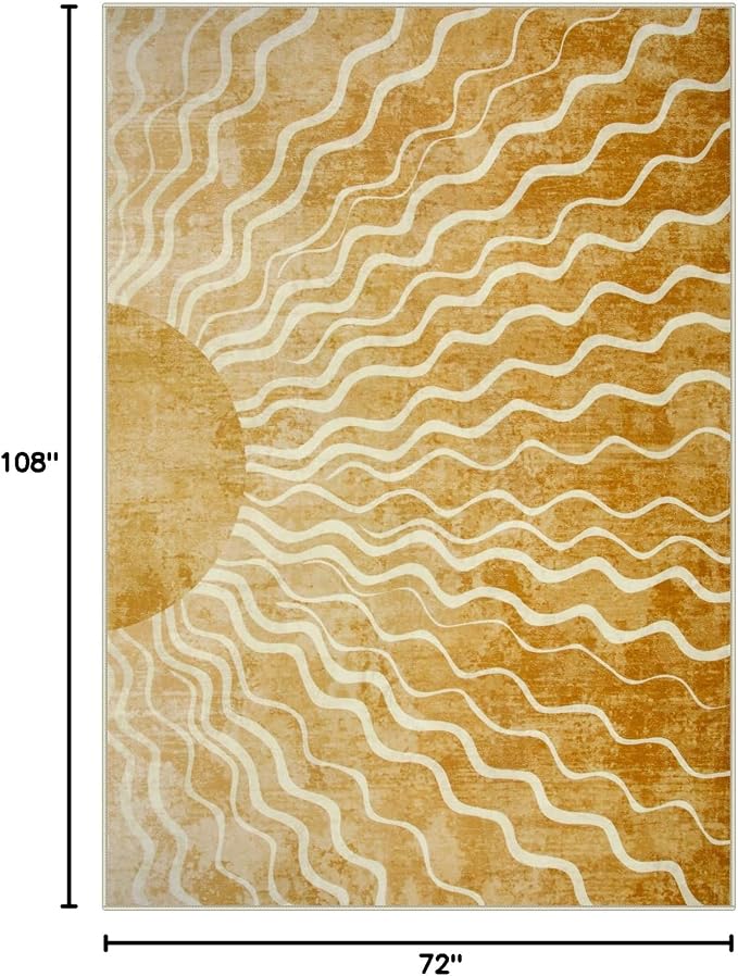 Wonnitar Sun Print Washable Area Rugs, 6x9 Rug for Kids Room Living Room, Gradient Yellow Soft Non Slip Sunshine Boho Ultra-Thin Carpet for Bedroom Classroom Playroom Nursery