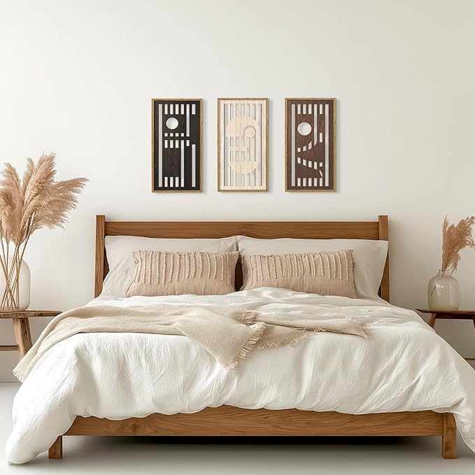 HPNIUB 3 PCS Boho Wall Decor,Black White Century Abstract Mask Geometric Line Carved Hanging Wood Sign for Living Room,8x16Inch Modern Neutral Wooden Plaque for Apartment Bedroom Office Decoration