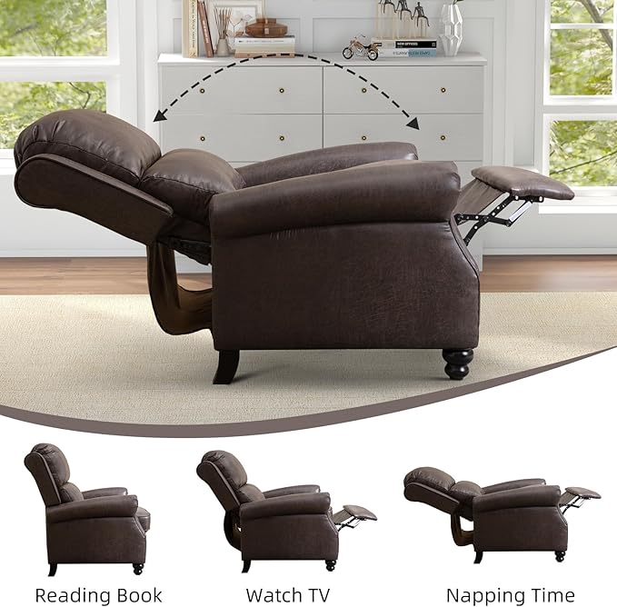 Push Back Recliner Chair Faux Leather Lounge Armchair with Rivet Decoration Wingback Single Sofa Chair with Padded Seat Solid Wood Legs for Living Room, Comfy Upholstered Set of 2, Dark Grey