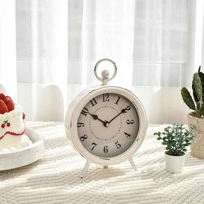 EMAX HOME Vintage Rustic White Table Clock on Stand, Decorative Desk & Shelf Clock, Rustic Mantel Farmhouse Non-Ticking