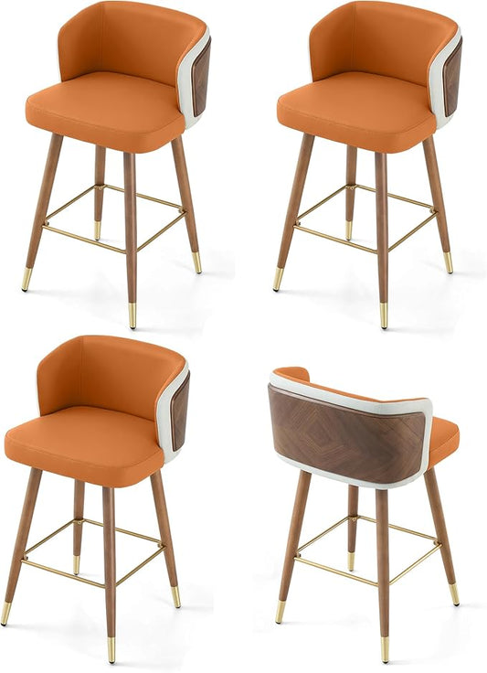 ARTPLAN Mid Century Modern Bar Stools Set of 4 for Counter Height - Leather Upholstered Seat with Walnut Wood Frame, Retro 34 Inch Bar Chairs for Home Kitchen Island, Bar, Breakfast Nook,Dark Orange