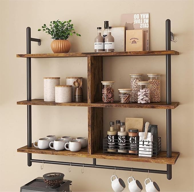 3 Tiers Wood Floating Shelving with Hooks, Industrial Wall Mounted Shelf Modern Wall Shelves Hanging Vintage Display Storage Shelf for Living Room Bathroom Bedroom Kitchen Coffee Bar